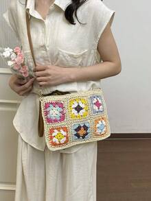 2025新款女款大容量度假海灘包，通勤單肩包，小眾設計，休閒百搭極簡時尚斜挎包，編織工藝手提包，草編紋理，拼色設計，舒適面料，拉鍊開口，可調節可拆卸長肩帶，舒適手柄，大空間容量，春夏草編包 - 白色 - 查看 4