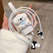 5pcs/Set Ins Cute Puppy Charger Protective Cover Compatible With Apple 20W EU Fast Charging Head Protective Cover Cartoon Bone Data Cable Cable Tube Protective Rope Set - European White Puppy - View 2