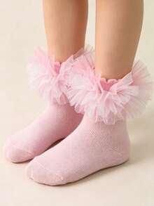 1 Pair Girls Princess Style Mesh Lace Short Socks Baby Dual-Tone Ruffle Mesh Dance Performance Tutu Socks - Pink - View 7
