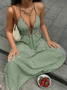 Vestido Cuello Halter Espalda Descubierta Rayas Disponible en Múltiples Colores - Verde Oscuro - Ver 6
