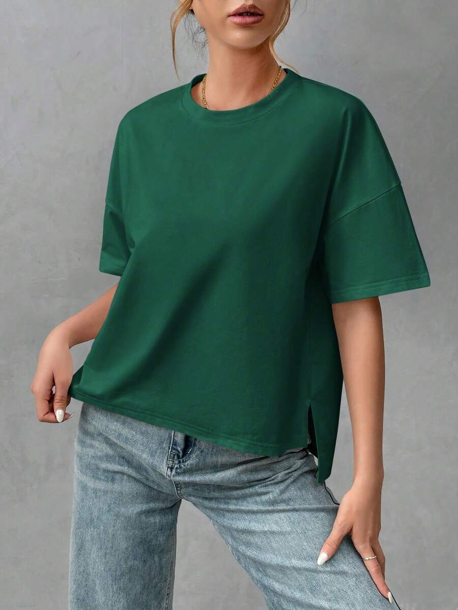 Camiseta Básica Minimalista Para Mujeres Con La Parte Delantera Corta Y La Parte Trasera Larga - Verde Oscuro - Ver 1