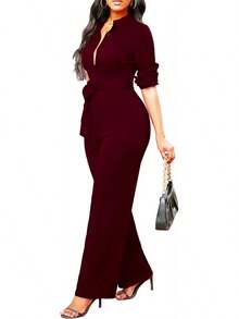 Jumpsuits Women Formal Elegant Long Straight Pants Busineess Party Jumpsuit With Belt Pockets - 白色 - 查看 8