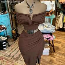 Fengyu Women's Clothing Store  Vestido de mujer de unicolor con hombros descubiertos y abertura - Cafetería - Ver 5