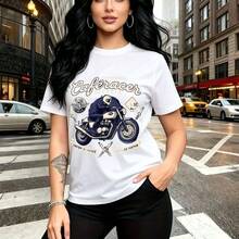 Camiseta de mujer con estampado de motocicleta clásica estilo Caferacer y texto "Style & Grace" - diseño urbano con gráficos vintage de motos y llaves cruzadas, ajuste cómodo y casual para uso diario en la ciudad - ideal para paseos por el centro, ev - Blanco - Ver 9