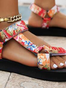 2026 New Women's Summer Sandals, Bohemian Tropical Plant Print Beach Sandals, Hook And Loop Adjustable Open Toe Flat Sandals, Soft Sole Comfortable Breathable Women's Shoes, Perfect For Summer Outings - Red - View 9