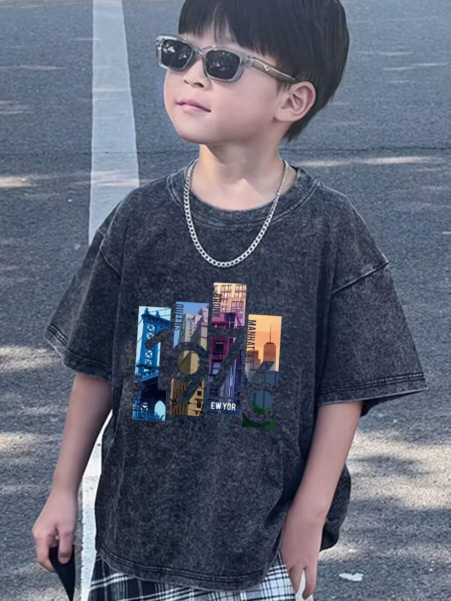Camiseta de Algodón Puro para Niños, Nuevo Estilo de Verano, Moderna, Lavada, de Manga Corta, Cómoda y Transpirable para Niños y Niñas - Negro - Ver 1