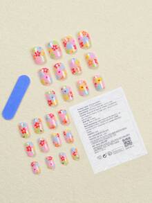 24pcs Short Square Nails With Colorful Flowers For Spring, Comes With 1 Nail File And 1 Jelly Gel, Suitable For Women To Wear At Parties, Dances And For Daily Use Press On Nails Nail Supplies - Multicolor - View 2