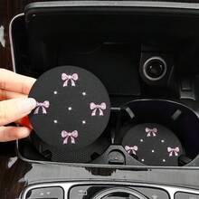 2pcs Bling Rhinestone Bow Car Cup Holder Coasters Anti Slip Universal Fit Automotive Interior Accessories Pink - Pink - View 3