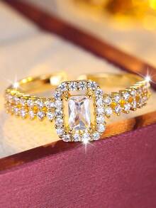 1pc Minimalist Cubic Zirconia Open Ring, Luxury Refined Sugar Cube Design, Unique Daily Wear Accessory - JZ22100 - View 2