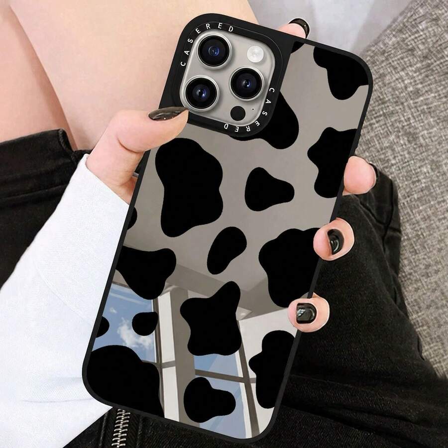 Casing Ponsel Motif Sapi Bergaya Warna Perak, Kompatibel dengan iPhone 15 Pro Max, 16/11/13 Pro/15 Pro/15/13 Pro Max, Bahan Tahan Guncangan, Kompatibel dengan iPhone 14/13/12, Cocok untuk 12 Pro Max - Hitam - View 1