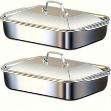 2PCS Stainless Steel Pans, 9x13 Rectangular Baking Pans , Cake Baking Trays With Double Handle, Rectangle Baking Bakeware For Breads, Meats (With Lid) - 1PC - View 3