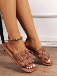 Sandal Selop Wanita Musim Semi/Panas Serbaguna Minimalis Tenun Ringan Nyaman Lembut Gaya Liburan Ujung Terbuka Sepatu Pantai - Coklat - View 4