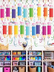 18pcs Back To School Hanging Rotating Decorations, Colorful Crayon Ceiling Hanging Ornaments, Welcome Back To School Pencil Party Decor, Suitable For Ceiling, Window, Mantel, Overhang, Doorway, Arch, Tree Branch, Hallway On The First Day Of School - Multicolor - View 3