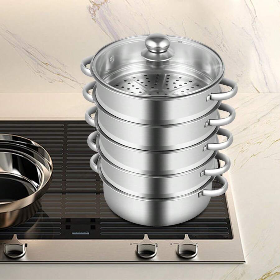Stainless Steel Steamer Pot Multi Layer Food Steamer Cooker Vegetable Dumpling Seafood Steamer 24cm/9.44inch Stainless Steel Glass For Kitchen Family Cooking - 查看 1