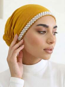 1 pieza Pañuelo de cabeza musulmán con unicolor y tachuelas de rhinestone para mujer, pañuelo versátil para usar a diario - 119-Cúrcuma - Ver 4