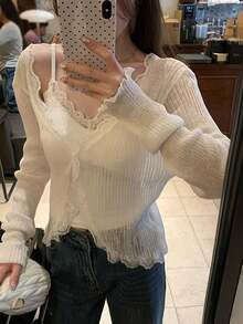 Summer Korean Style Sun Protection Elegant Lace Trim Thin Cardigan White Fall - White - View 2