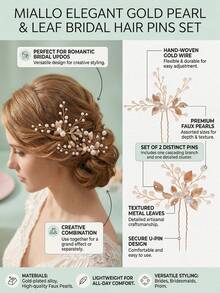 2pcs/Set Handmade Faux Pearl Bridal Hair Clips, Vintage Metal Leaf Hair Pins, Bridesmaid Wedding Party Elegant Hair Accessories - Multicolor - View 3