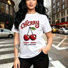 Camiseta de mujer con estampado de cerezas y texto "CHERRY HAPPY - HAPPY" en letras brillantes rojas - camiseta casual de manga corta con ajuste cómodo y estilo urbano, ideal para pasear por la ciudad, fiestas temáticas o salidas diarias - regalo per - Blanco - Ver 9