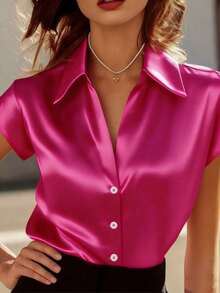 Camisa de satén de manga corta con cuello en V y botones de unicolor, elegante y de negocios, adecuada para uso diario y oficina - Rosa Roja - Ver 1