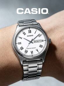 經典男士類比石英手錶 白色羅馬數字錶盤 不鏽鋼錶帶 日期顯示 防水 商務休閒 日常佩戴 生日週年節日奢華禮物 Casio MTP-V006D-7B - 銀色 - 查看 2