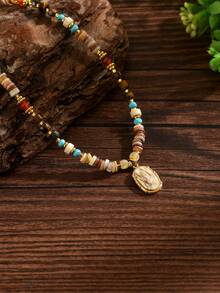 1pc Women's Stainless Steel Natural Stone Geometric Pendant Colorful Beaded Necklace, Fashionable Vintage Style Suitable For Daily Wear (Bead Color Random) - Gold-n1129 - View 5