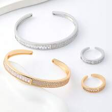 Japanese Style Elegant Square Rhinestone Open Bangle & Ring Set, Minimalist Timeless Design, Daily Wear & Travel Decorative Jewelry - Japanese Minimalist Style - View 1