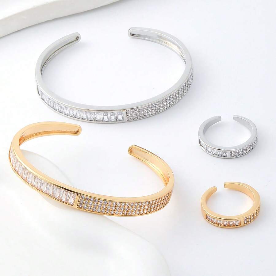 Japanese Style Elegant Square Rhinestone Open Bangle & Ring Set, Minimalist Timeless Design, Daily Wear & Travel Decorative Jewelry - Japanese Minimalist Style - View 1
