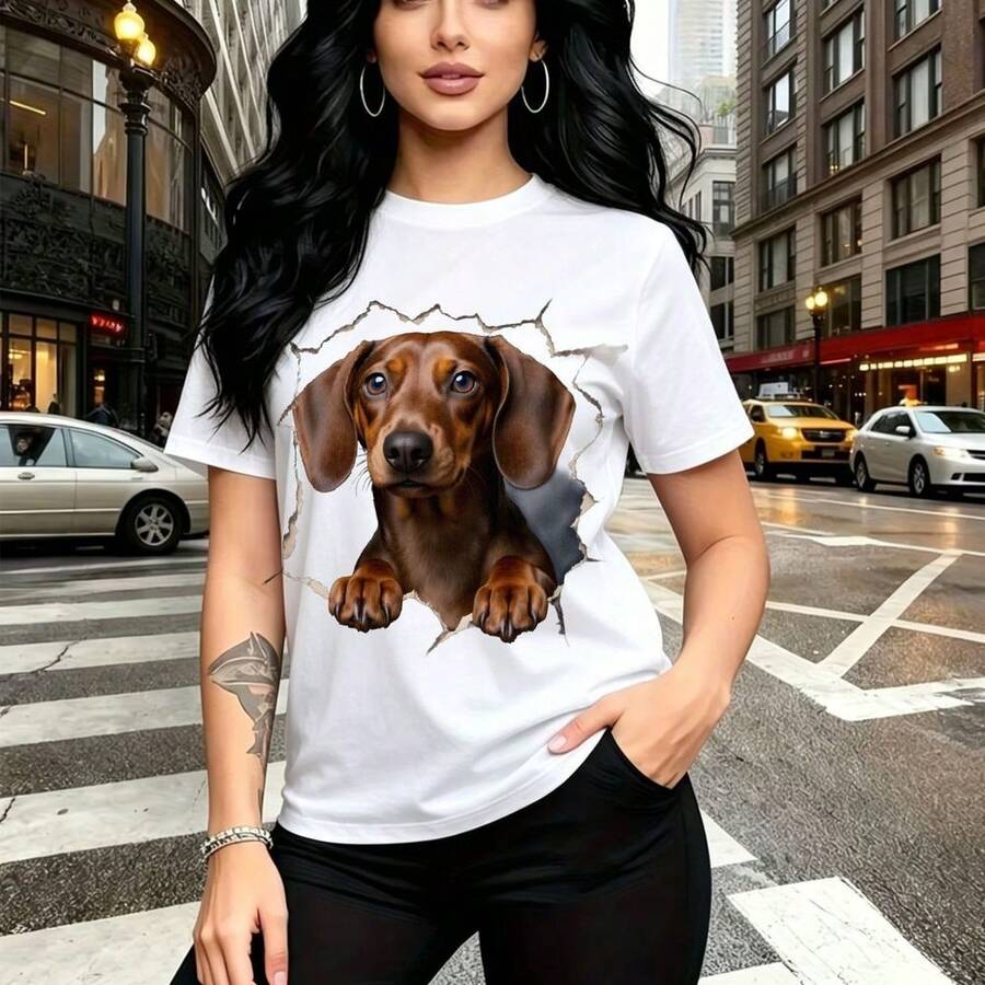 Camiseta de mujer con estampado 3D de cachorro Dachshund rompiendo la tela - diseño realista y divertido, ajuste moderno y cómodo para el cuerpo, estilo urbano casual con toque juguetón - ideal para paseos por la ciudad, salidas entre amigas, eventos - Blanco - Ver 1