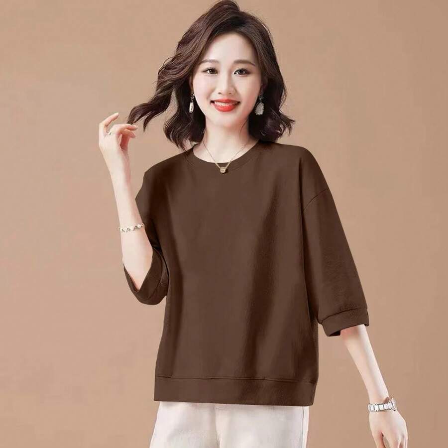 2026Camiseta Básica de Mujer, Manga Tres Cuartos, Color Macarrón,% Algodón, Casual, Primavera, Moda Artística, Versátil, Cuel... - Marrón Café Color Sólido - Ver 1