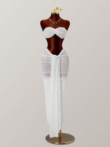 Conjunto de Top Cropped Bandeau com Nó Torcido e Textura Casual de Praia e Saia Envelope, /Verão - Branco - Visão 7