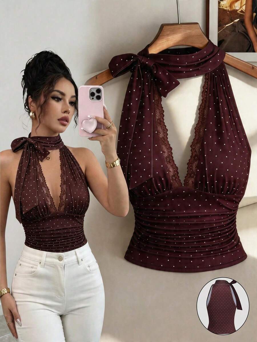 Blusa de verano de mujer con parte superior de tirantes con lunares marrones bordados, blusa corta sin mangas con cuello en V de encaje y cintura fruncida, top de verano para mujer, atuendo de fiesta, atuendo de playa, blusas elegantes de mujer, b - Óxido marrón - Ver 1