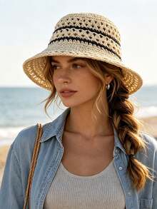1pc Polyester Bohemian Straw Hat, Fashion New Brim Design, Breathable Outdoor Sun Protection Hat, Suitable For Daily Outdoor Use - Multicolor - View 8