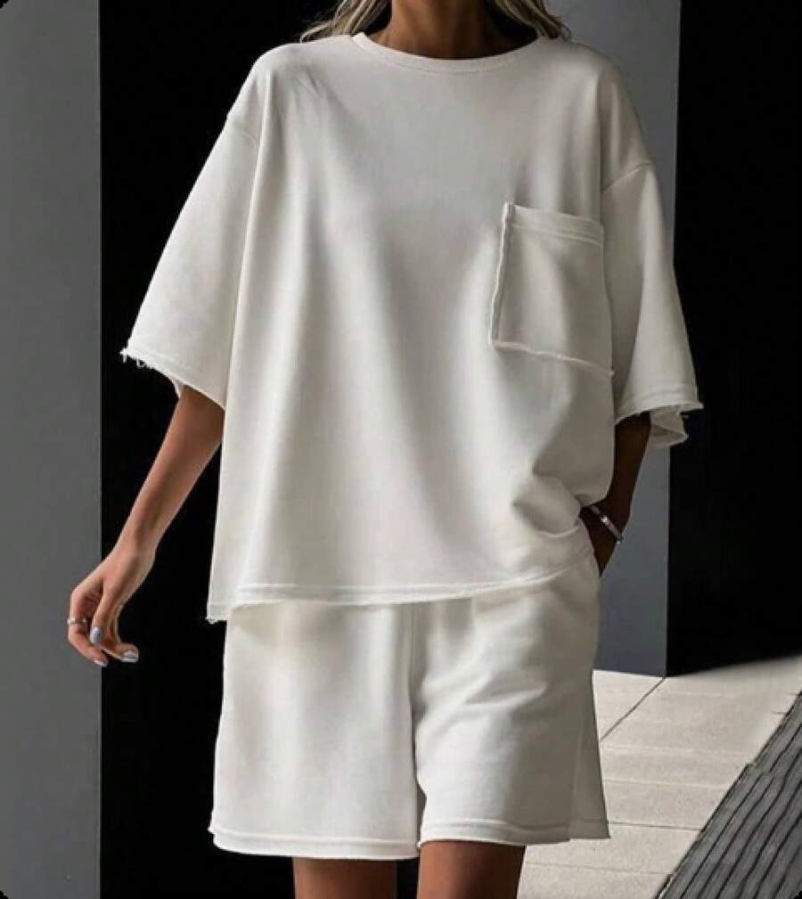 Women's 2pcs Soft Stretch Shorts Suit: Lifting Athletic Outfit With Elastic Waist Sport Shorts & Matching Top - Round Neck Short Sleeve Blouse Suit For Cowgirl Travel, Gym, Casual Wear - Spring Summer Fall Athleisure Outfits - 白色 - 查看 1