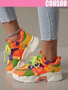 New Thick-Soled Sports Shoes For Women, Mesh & Colorful Splicing Leather Upper Lace-Up Casual Sneakers - Multicolor - View 3