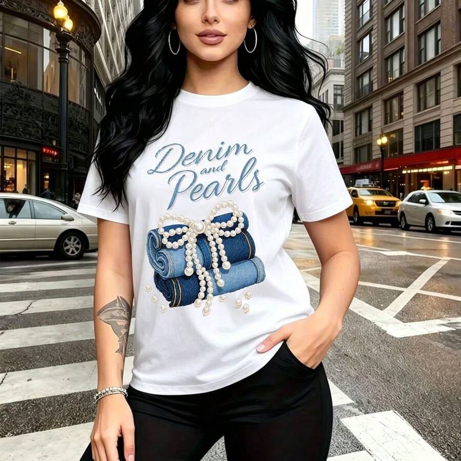 Camiseta de mujer con estampado "Denim and Pearls" y diseño de jeans enrollados con lazo de perlas - camiseta casual de manga corta, ajuste cómodo y elegante, estilo urbano chic - ideal para paseos por la ciudad, compras o como regalo perfecto para m - Blanco - Ver 1