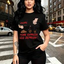 Camiseta de mujer con estampado divertido "MORE MORE ESPRESSO LESS " y ilustraciones de café, croissant y manos - camiseta casual de manga corta con ajuste cómodo y estilo urbano ideal para pasear por la ciudad, salir con amigas o ir al traba - Negro - Ver 10