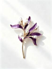 1pc Vintage Luxury Olive Branch Pearl Brooch, Suitable For Coats, Shirts, Hats, Bags, Wedding Corsage - Purple - View 3
