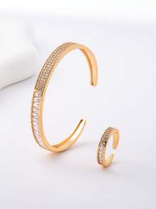 Japanese Style Elegant Square Rhinestone Open Bangle & Ring Set, Minimalist Timeless Design, Daily Wear & Travel Decorative Jewelry - Japanese Minimalist Style - View 7