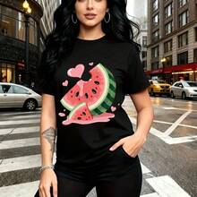 Camiseta de mujer con estampado divertido de sandías coloridas y corazones rosas - camiseta casual de manga corta, ajuste cómodo y fresco, estilo urbano y veraniego - ideal para paseos por la ciudad, salidas con amigas, cumpleaños y regalo perfecto p - Negro - Ver 9