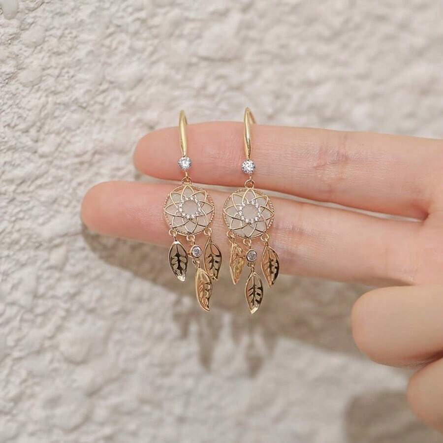 1 Pair Elegant Fashion Faux Cat Eye Stone Earrings, Inlaid With Rhinestones, Dreamcatcher Tassel Design, Suitable For Women, Suitable For Daily Wear, Parties And Travel - Photo Color - View 1