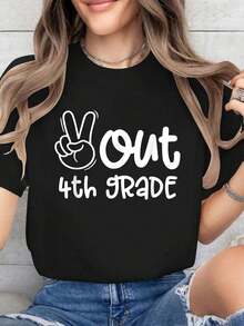 Plus Size Women Clothes Back To School Peace Out 4th Grade Teacher Graduate Last Day Of School T-Shirt Women'Casual Short Sleeve Crew Neck T-Shirts - 黑色 - 查看 1
