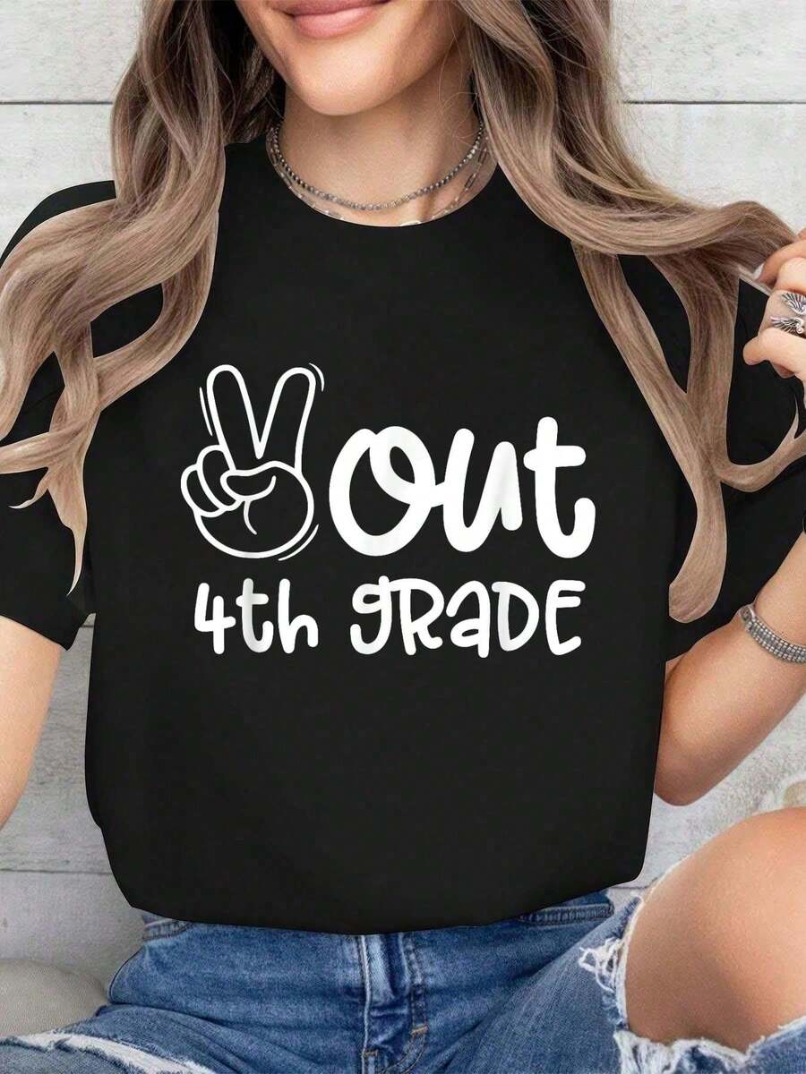 Plus Size Women Clothes Back To School Peace Out 4th Grade Teacher Graduate Last Day Of School T-Shirt Women'Casual Short Sleeve Crew Neck T-Shirts - 黑色 - 查看 1