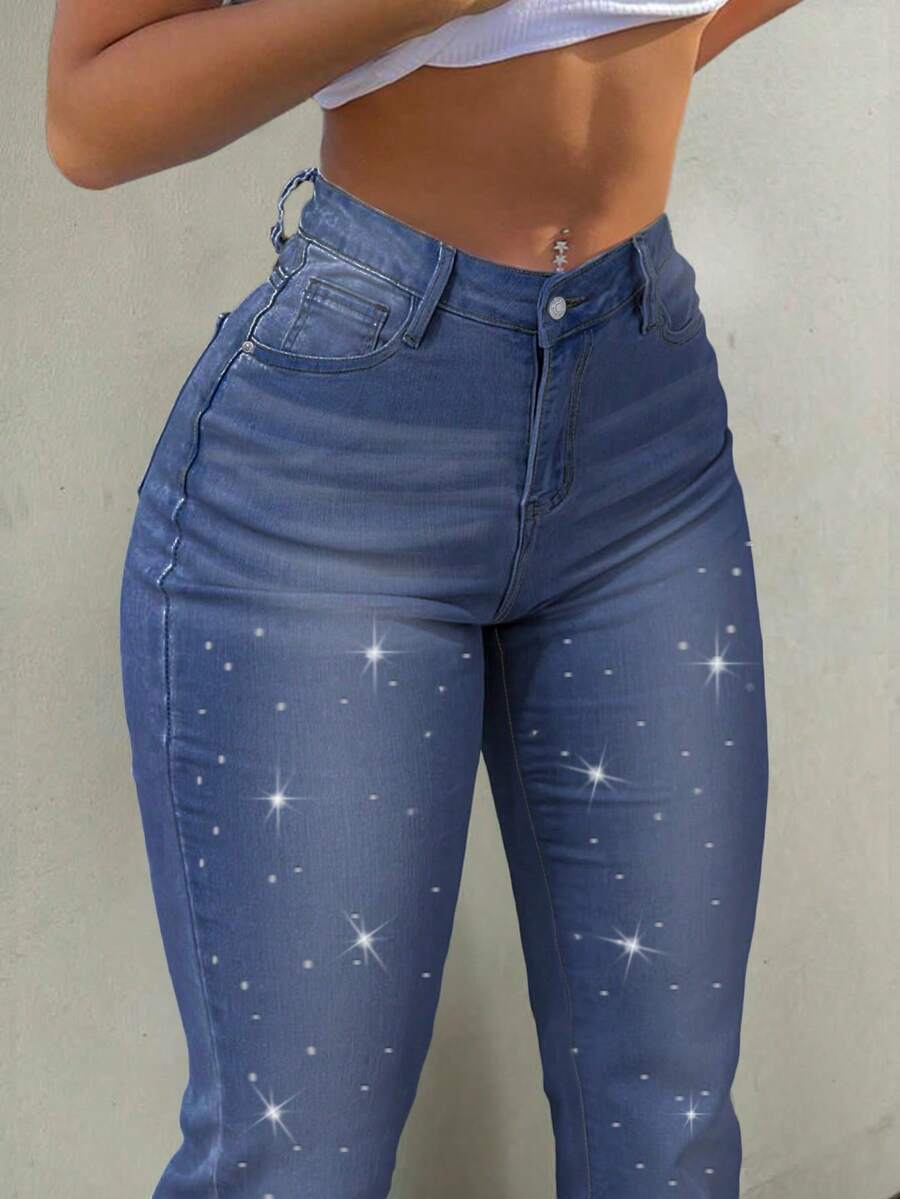 GILIPUR Jeans acampanados de talle alto estilo Y2K, pantalones de mujer de unicolor elásticos y elegantes, pantalones vaqueros con estampado de copos de nieve de uso casual - Azul 3 - Ver 1