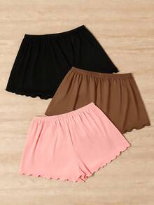 Spring/Summer New Minimalist Blank Ruffle Hem Shorts 3pcs & Solid Color Minimalist Comfortable Home Pajama Pants 3pcs - Multicolor - View 2