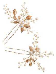 2pcs/Set Handmade Faux Pearl Bridal Hair Clips, Vintage Metal Leaf Hair Pins, Bridesmaid Wedding Party Elegant Hair Accessories - Multicolor - View 10