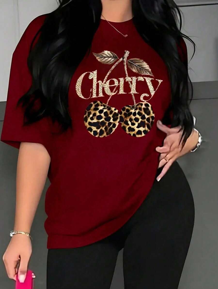 Women's Casual Short Sleeve T-Shirt, Semi-Sheer, Lightweight Fabric, Leopard And Cherry Print, Black With Shiny Gold Details, Medium Elasticity, Machine Washable, All Year Round Comfort - 紅紫色 - 查看 1