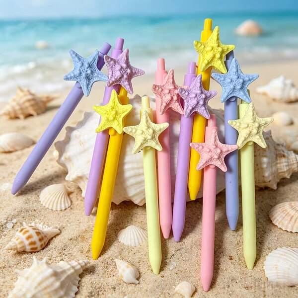 5/10-Piece Set Sunny Beach Ins Starfish Theme Ballpoint Pens (4 Random Pens + 8 Refills) Smooth Writing, No Ink Skipping | Perfect For School And Office | Durable Refills, Long-Term Use | Beautiful And Affordable Stationery, Learning Supplies