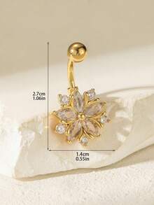 1pc Copper Silver-Plated Exquisite Shiny Flower Cubic Zirconia Belly Ring, Perfect For Women's Party And Gathering Decoration - Yellow Gold - View 4