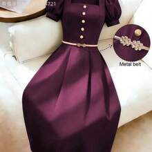 MewMuse. Vestido midi elegante y versátil de color azul marino con botones decorativos y cintura ceñida, para uso casual y de oficina, para primavera/verano - Morado - Ver 1