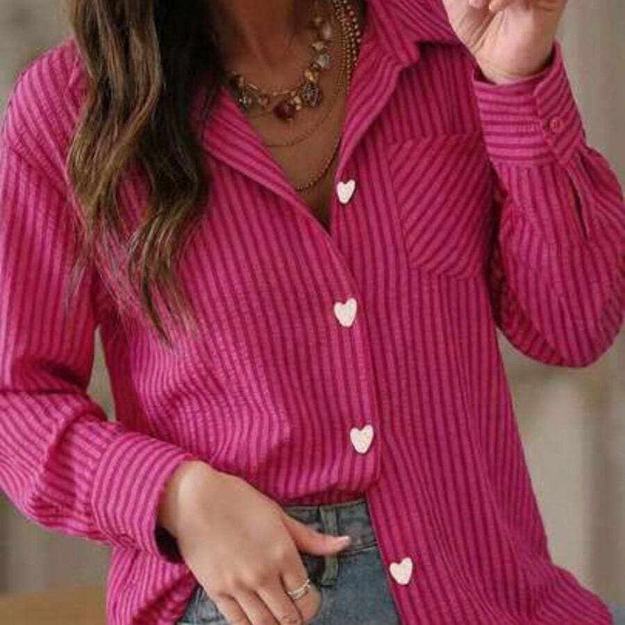 WNS  Camisa elegante de mujer para uso diario, nueva llegada de primavera, serie de prendas de vestir con estilo, camisa de manga larga con cuello elegante, decoración de botón con corazón dorado, cita romántica, Día de San Valentín, camisa de color rojo rosado - Rosa Fucsia - Ver 1